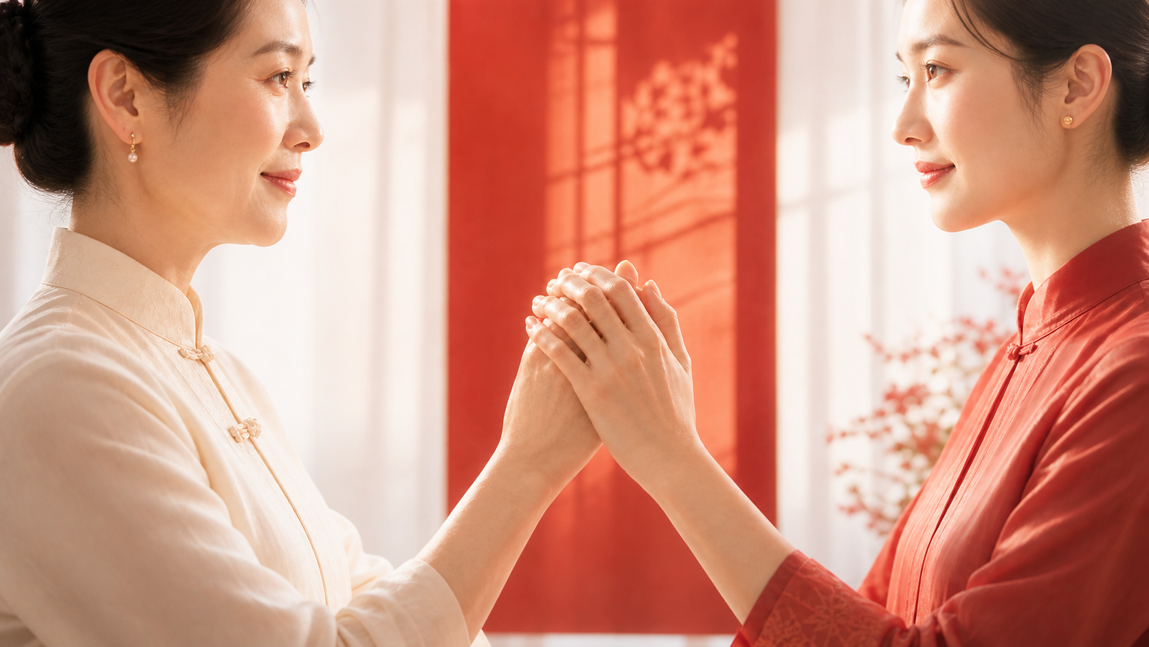 母亲与身着中式婚服的女儿相对而立,双手轻握