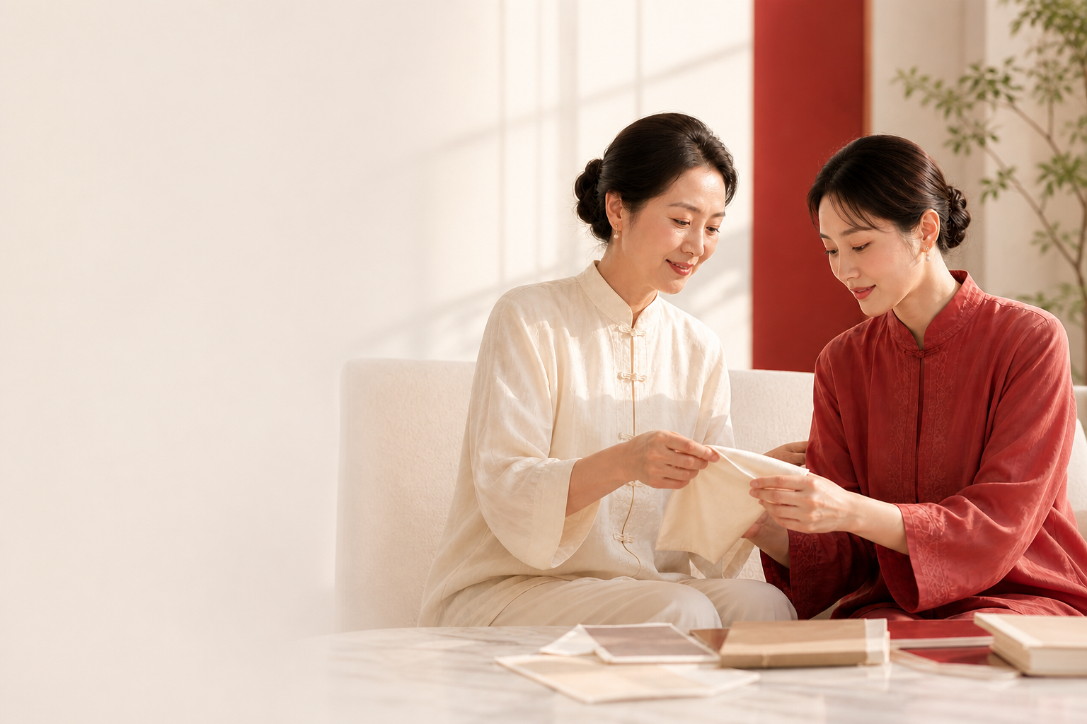 母亲陪女儿触摸柔软的桑蚕丝